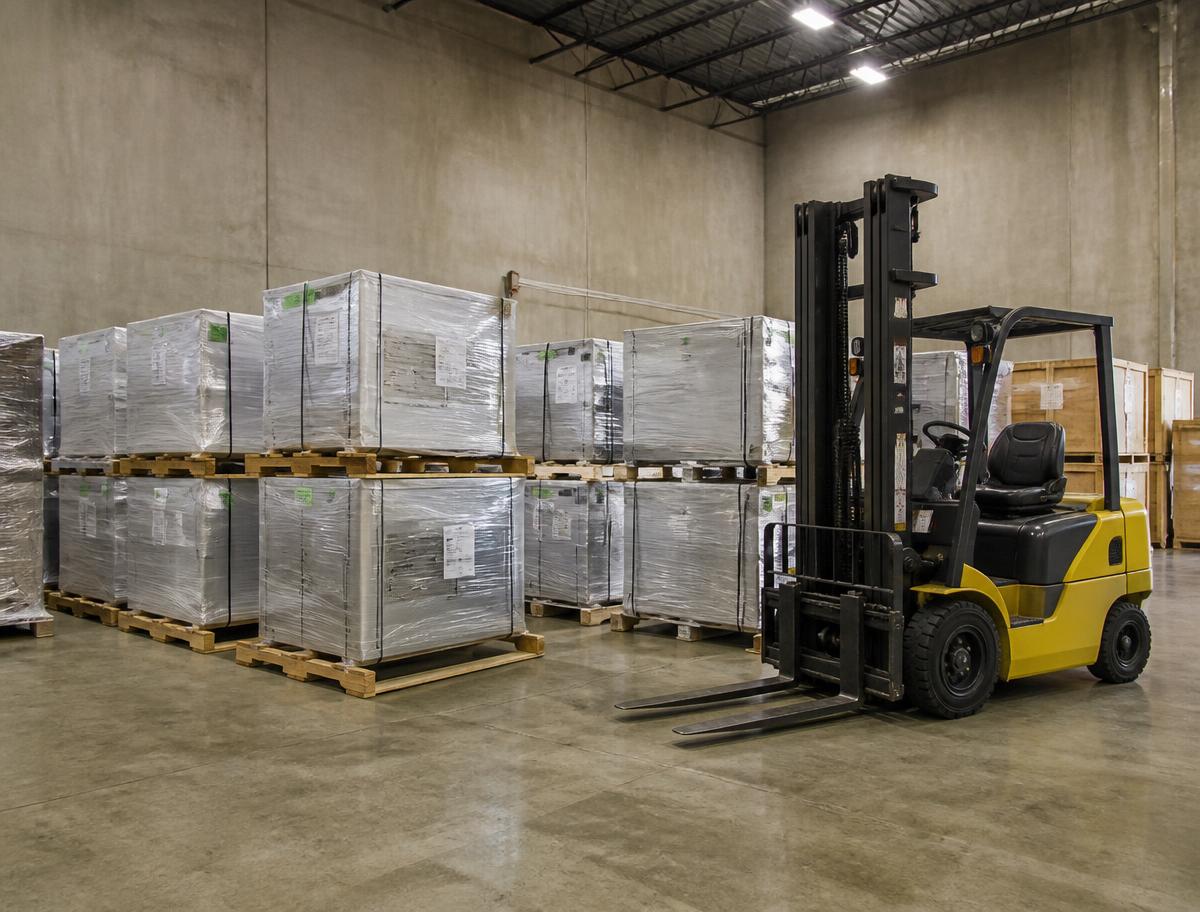 Crated industrial machinery on pallets in a warehouse